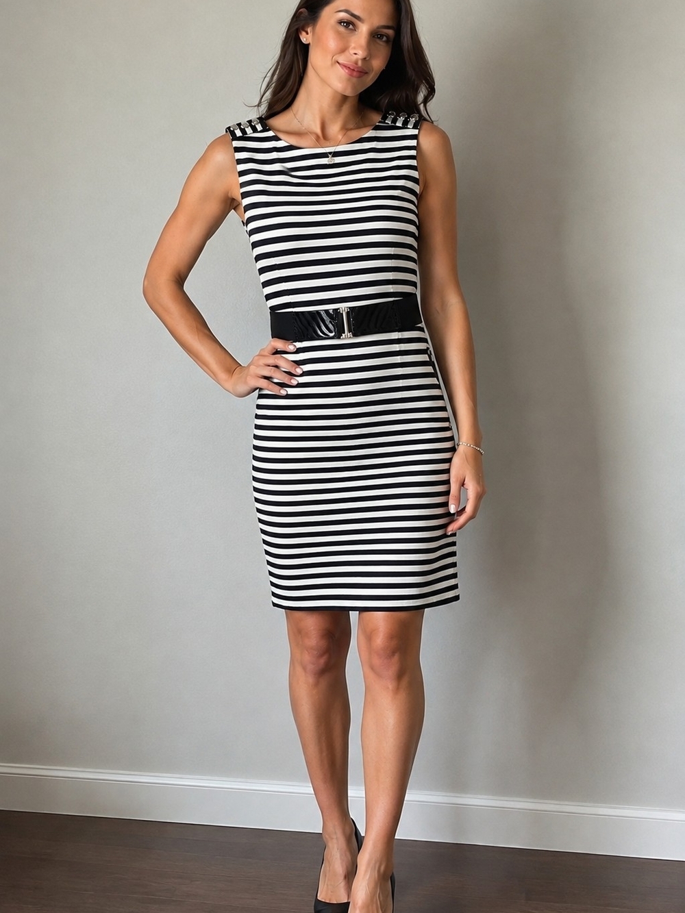White House Black Market Black & White Striped Belted Midi Dress Size 4